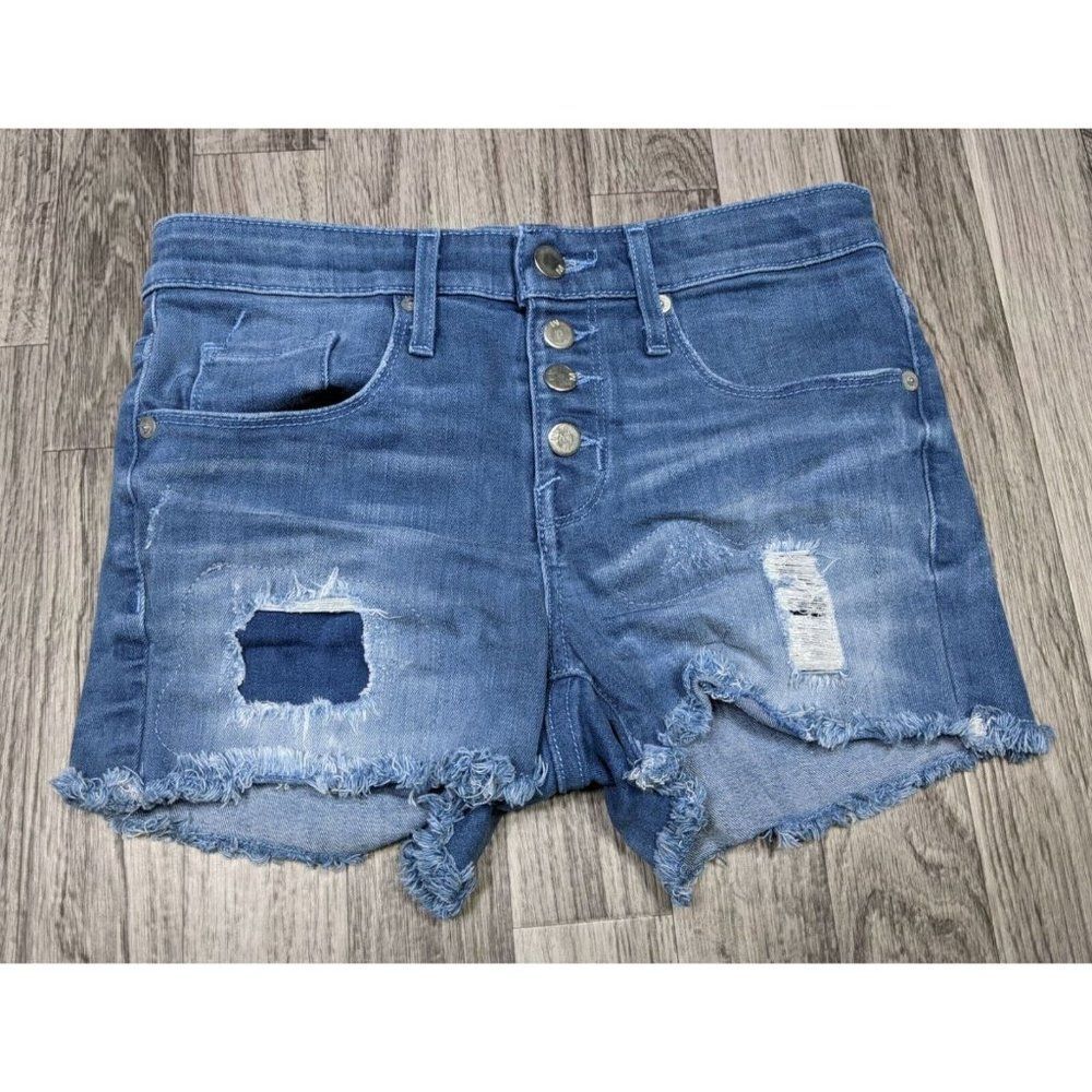 Mossimo Size 00 Power Stretch High Rise Button Fly Distressed Jean Shorts